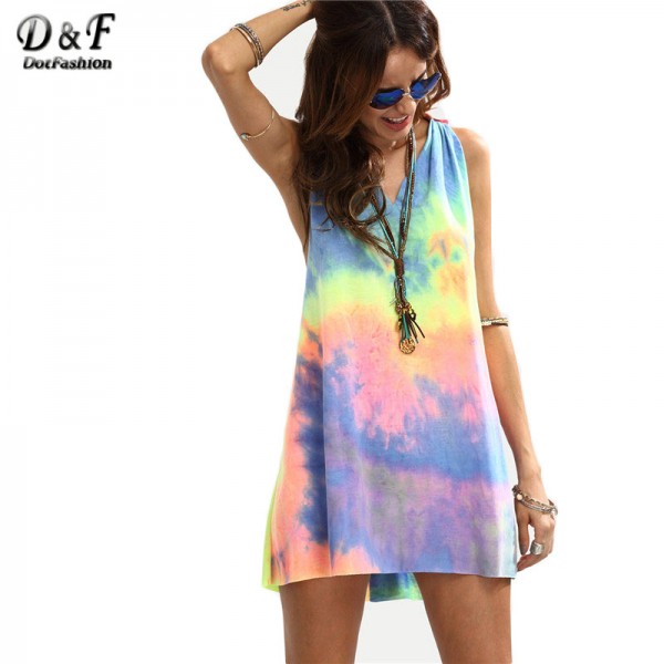 Dotfashion Ladies Summer Style Multicolor Tie-dye V Neck Sleeveless Knotted Shift Dress Hollow Out Shift Mini Dress 