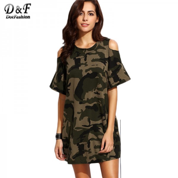 Dotfashion Loose Fashions Short Casual Dresses Streetwear Women Short Dress Olive Green Open Shoulder Camo Dress 