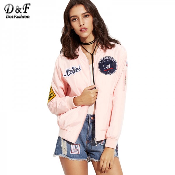 Dotfashion Pink Embroidered Patch Zipper Bomber Jacket Women's Stand Collar Long Sleeve Twin Pockets Coat