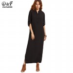 Dotfashion Plain Split Side Shirt Dress Ladies Autumn Maxi Dresses Plain Long Sleeve Stand Collar Buttons Dress