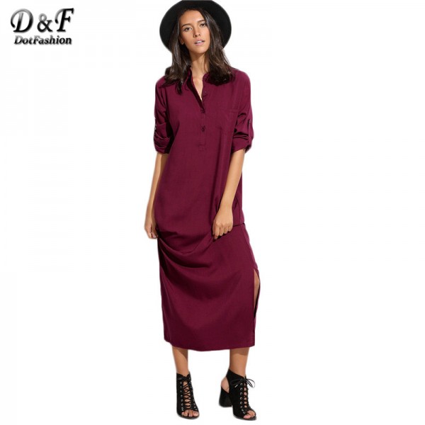 Dotfashion Plain Split Side Shirt Dress Ladies Autumn Maxi Dresses Plain Long Sleeve Stand Collar Buttons Dress