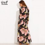 Dotfashion Summer Beach Maxi Dresses Long Elegant Boho Wear Multicolor Floral Print V Neck Split Side Long Sleeve Maxi Dress 