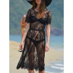 Dotfashion Summer Lace Beach Women Dress Boho Black Midi Dresses Casual Short Sleeve O Neck See Through Lace Sexy Dress