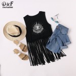 Dotfashion Woman Designers Tops Bohemian Tank Top Women Casual Vest Blouse Tank Tops Black Print Round Neck Tassel Hem Tank Top 