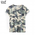 Dotfashion Woman Tops Camouflage Summer Style 2016 New Arrival Casual Tees Crew Neck Print Rolled Short Sleeve T-shirt