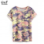 Dotfashion Woman Tops Camouflage Summer Style 2016 New Arrival Casual Tees Crew Neck Print Rolled Short Sleeve T-shirt