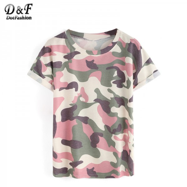 Dotfashion Woman Tops Camouflage Summer Style 2016 New Arrival Casual Tees Crew Neck Print Rolled Short Sleeve T-shirt