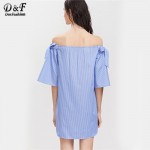 Dotfashion Women Summer Straight Short Dress Beach Wear Blue Striped Off The Shoulder Bow Detail Embroidered Applique Dress 