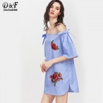 Dotfashion Women Summer Straight Short Dress Beach Wear Blue Striped Off The Shoulder Bow Detail Embroidered Applique Dress 