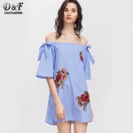 Dotfashion Women Summer Straight Short Dress Beach Wear Blue Striped Off The Shoulder Bow Detail Embroidered Applique Dress 