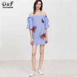 Dotfashion Women Summer Straight Short Dress Beach Wear Blue Striped Off The Shoulder Bow Detail Embroidered Applique Dress 