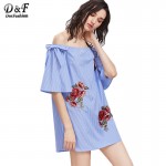 Dotfashion Women Summer Straight Short Dress Beach Wear Blue Striped Off The Shoulder Bow Detail Embroidered Applique Dress 