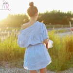 Dress 2017 Women Clothes Half Sleeve Blue Stripes Off the Shoulder Loose Casual Tie Waist Button Side Mini Vestido One Size