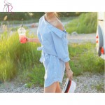 Dress 2017 Women Clothes Half Sleeve Blue Stripes Off the Shoulder Loose Casual Tie Waist Button Side Mini Vestido One Size