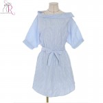 Dress 2017 Women Clothes Half Sleeve Blue Stripes Off the Shoulder Loose Casual Tie Waist Button Side Mini Vestido One Size