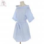 Dress 2017 Women Clothes Half Sleeve Blue Stripes Off the Shoulder Loose Casual Tie Waist Button Side Mini Vestido One Size