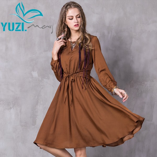 Dress Women 2017 Yuzi.may Boho New Cotton Polyester Vestidos O-Neck Lantern Sleeve Silhouette A-line Vestido Feminino A8208