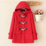 Duffle Coat Long Turn Down Horn Button Hooded Collar Woolen Overcoat Wide Waisted manteau femme Out Wear winter coats