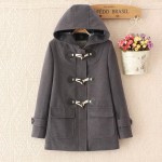 Duffle Coat Long Turn Down Horn Button Hooded Collar Woolen Overcoat Wide Waisted manteau femme Out Wear winter coats