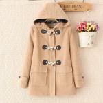 Duffle Coat Long Turn Down Horn Button Hooded Collar Woolen Overcoat Wide Waisted manteau femme Out Wear winter coats