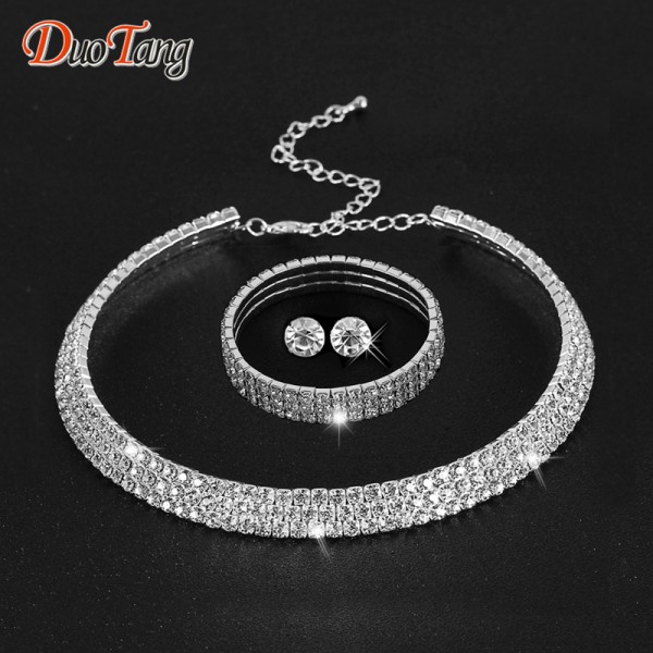 DuoTang Hot Selling  Rhinestone Crystal Choker Necklace Earrings and Bracelet Wedding Jewelry Sets Wedding Accessories T0035B1