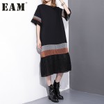 [EAM] 2017 Spring Fashion New Black Spelling Stripe Pleated Dress Loose Long Short Sleeve Dresses Woman T24501