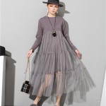 [EAM] 2017 Spring Fashion New O-Neck Long Sleeve Lace Split joint Hem Sexy Gray Dress Woman fashion tide all-match AS3362