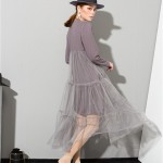 [EAM] 2017 Spring Fashion New O-Neck Long Sleeve Lace Split joint Hem Sexy Gray Dress Woman fashion tide all-match AS3362