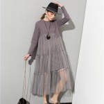 [EAM] 2017 Spring Fashion New O-Neck Long Sleeve Lace Split joint Hem Sexy Gray Dress Woman fashion tide all-match AS3362