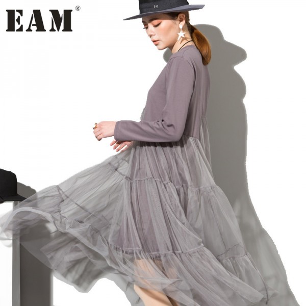 [EAM] 2017 Spring Fashion New O-Neck Long Sleeve Lace Split joint Hem Sexy Gray Dress Woman fashion tide all-match AS3362