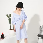 [EAM] 2017 Spring Fashion New Temperament Lantern Short Sleeve V-Neck Blue Stripe Dress Woman Sexy Y04405S