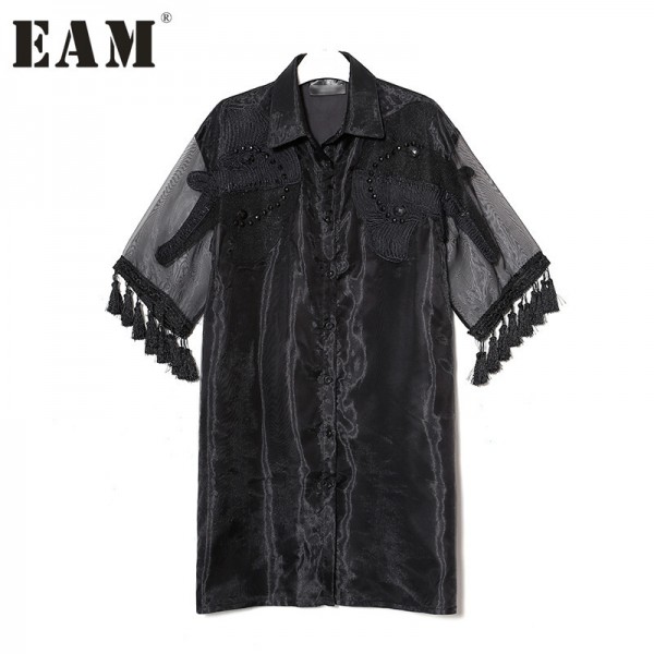 [EAM] 2017 Spring Summer Fashion New Black Mesh Patchwork Perspective Dress Leisure Tassel Embroidery Crystal  Woman T12501