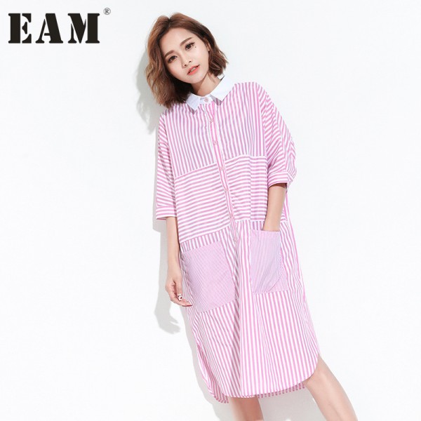 [EAM] 2017 Spring Summer Fashion New Half Sleeve Stripe Pocket Dress Leisure Split  Long Dresses Big Size Woman T20401