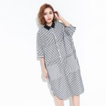 [EAM] 2017 Spring Summer Fashion New Half Sleeve Stripe Pocket Dress Leisure Split  Long Dresses Big Size Woman T20401