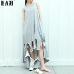 [EAM] 2017 Spring Summer Fashion New Korean Style O-neck Hollow Out Hem Sleeveless Dress Woman 1017A1