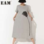 [EAM] 2017 new Korean fashion printed plus size women loose cotton round neck short sleeve gray dress wholesale  89252