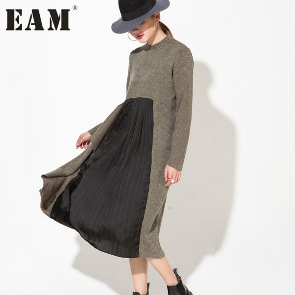 [EAM] 2017 new spring   stitching style cut chiffon stitching knitted long paragraph loose dress female AS21182