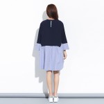 [EAM] 2017 new spring Chiffon Split Joint Stripe round neck Long sleeve loose blue  Dress women fashion tide J00601