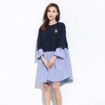 [EAM] 2017 new spring Chiffon Split Joint Stripe round neck Long sleeve loose blue  Dress women fashion tide J00601