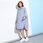 [EAM] 2017 new spring Embroidered Long Sleeve Lapel Stripe Irregular loose Dress women fashion tide all-match J07203