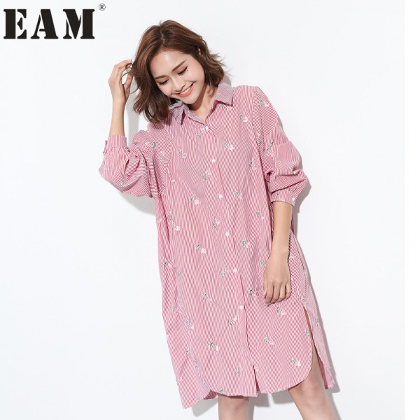 [EAM] 2017 new spring Embroidered Long Sleeve Lapel Stripe Irregular loose Dress women fashion tide all-match J07203