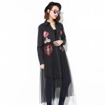 [EAM] 2017 new spring lapel long sleeve solid color split joint printed Gauze black loose dress women fashion tide J07001