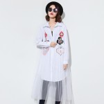 [EAM] 2017 new spring lapel long sleeve solid color split joint printed Gauze black loose dress women fashion tide J07001