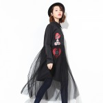 [EAM] 2017 new spring lapel long sleeve solid color split joint printed Gauze black loose dress women fashion tide J07001