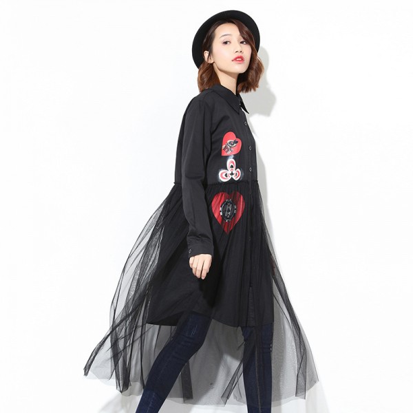 [EAM] 2017 new spring lapel long sleeve solid color split joint printed Gauze black loose dress women fashion tide J07001