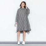 [EAM] 2017 new spring plaid lapel solid color long sleeve irregular black big size loose dress women fashion tide J11201