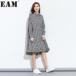 [EAM] 2017 new spring plaid lapel solid color long sleeve irregular black big size loose dress women fashion tide J11201