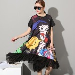 [EAM] 2017 plus size new fashionable girls cartoon printing large loose pendulum Black dress woman big size CS911