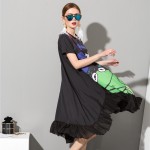 [EAM] 2017 plus size new fashionable girls cartoon printing large loose pendulum Black dress woman big size CS911