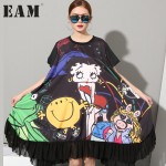 [EAM] 2017 plus size new fashionable girls cartoon printing large loose pendulum Black dress woman big size CS911